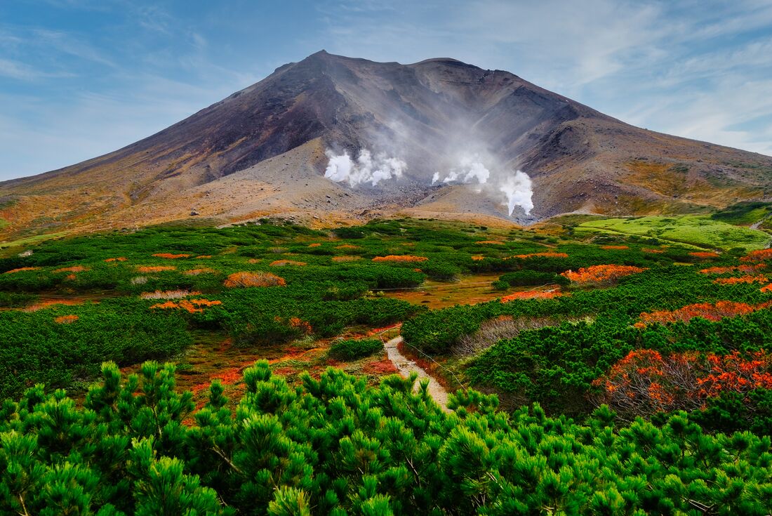 Autumn reds and oranges mix with spring greens in the foliage leading up to the bare face of Mt Asahi in Hokkaido