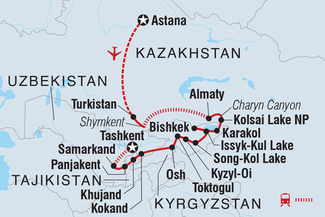 Map of Astana To Tashkent including Kazakhstan, Kyrgyzstan, Tajikistan and Uzbekistan