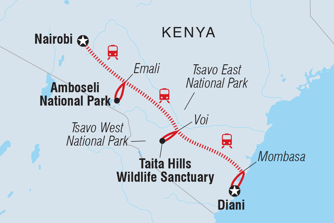 Map of Kenya By Rail: Trains, Safaris & Beaches including Kenya