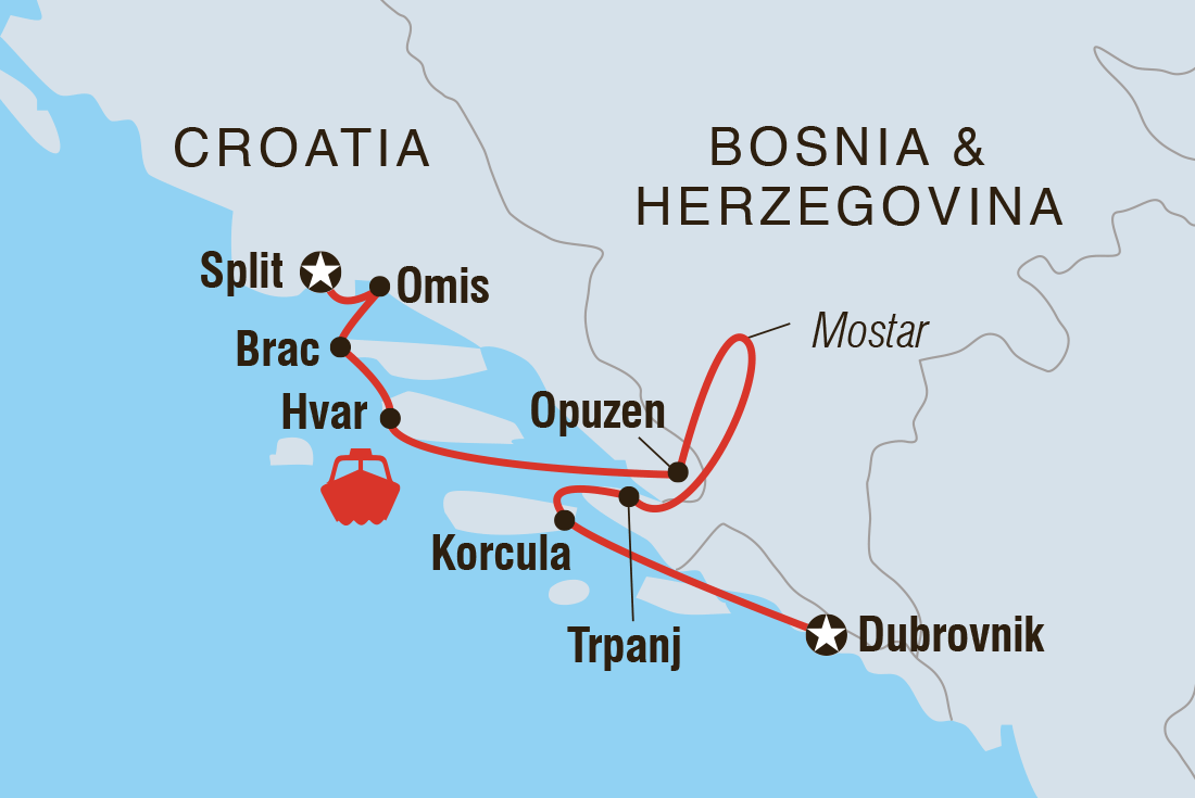 Map of Croatian Coastal Cruising - Split To Dubrovnik (Aurora) including Bosnia And Herzegovina and Croatia