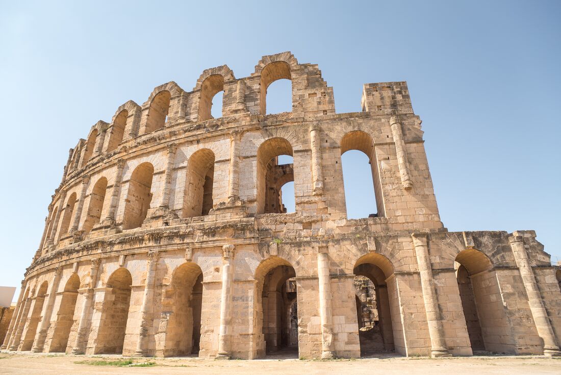 Facade of the El Jem Ampitheater in El Djem, Tunisia