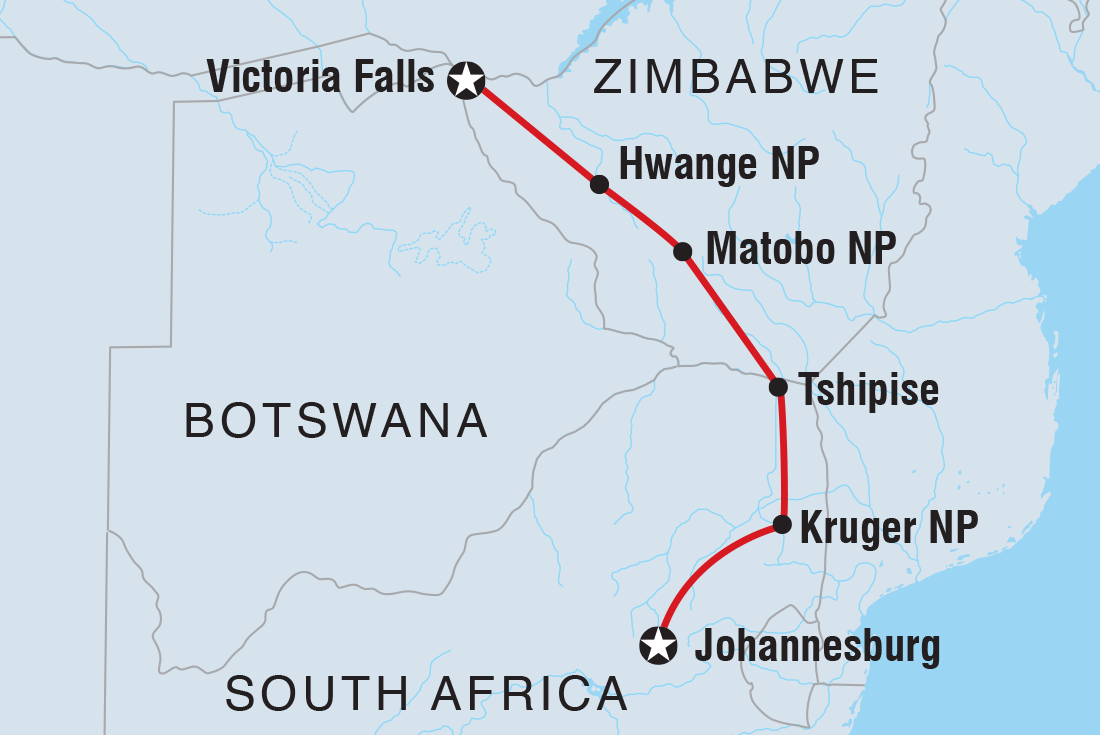 Map of Essential African Safari including South Africa and Zimbabwe