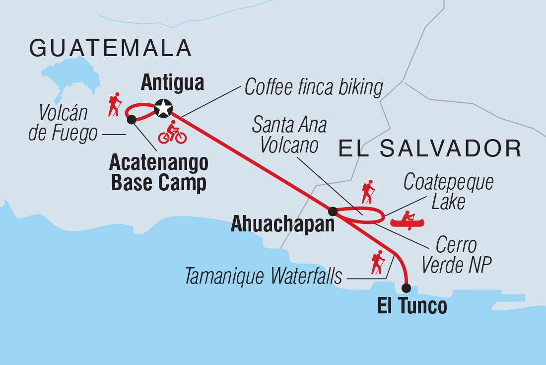 Map of Central America: Hike, Bike & Kayak including El Salvador and Guatemala
