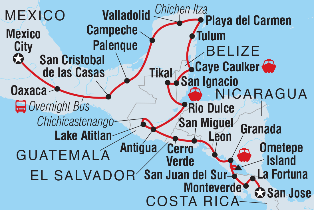 Map of Epic Central America including Belize, Costa Rica, El Salvador, Guatemala, Honduras, Mexico and Nicaragua