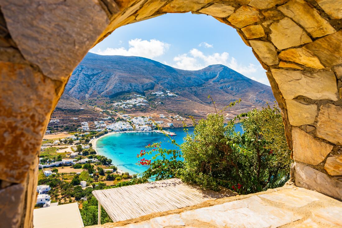 Amorgos island and town viewed from an arched window in the Cyclades
