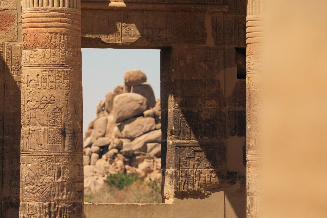 Hieroglyphics on pillar at Philae Temple, Aswan, Egypt