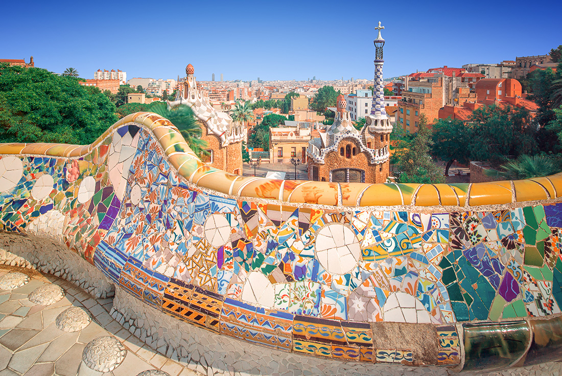 View from scenic point overlooking Guell Park in Barcelona, Spain.