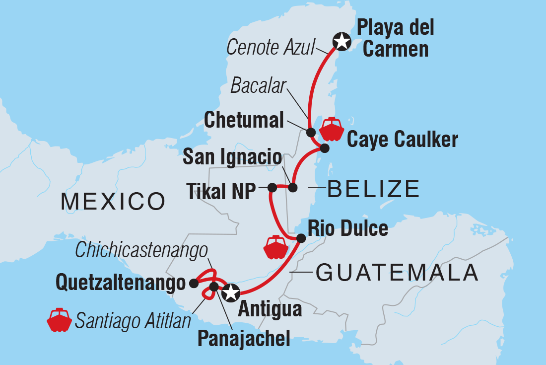 Map of Maya Adventure including Belize, Guatemala and Mexico