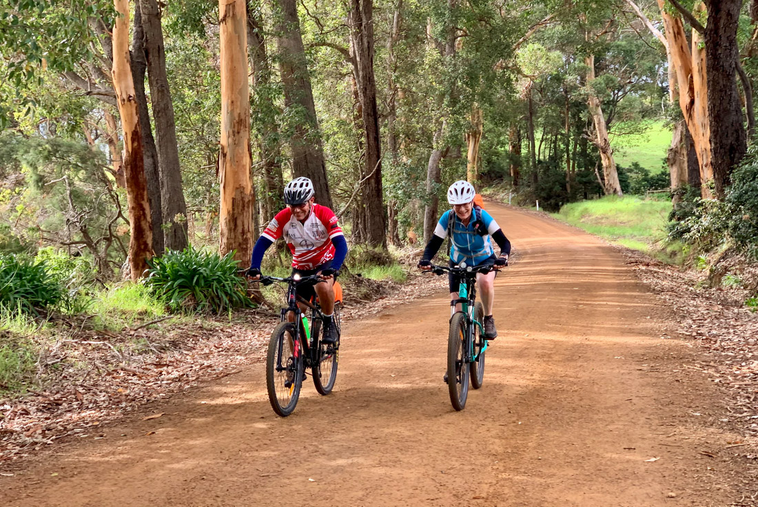 Intrepid travellers ride bikes on a bright red road through Australian bushland