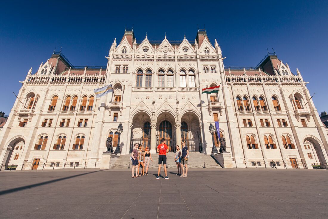 Travellers with Leader at Parliament building in Budapest, Hungary 