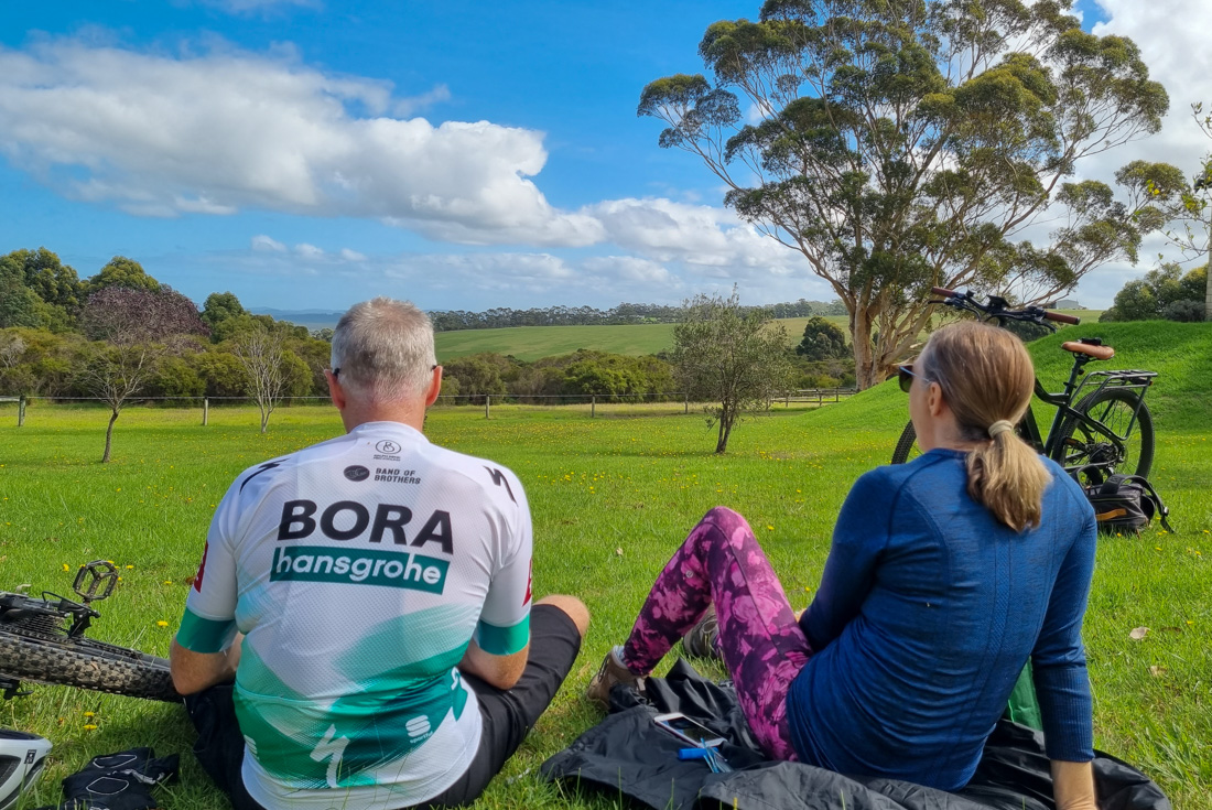 A rest stop in bright green fields on the Munda Biddi Trail