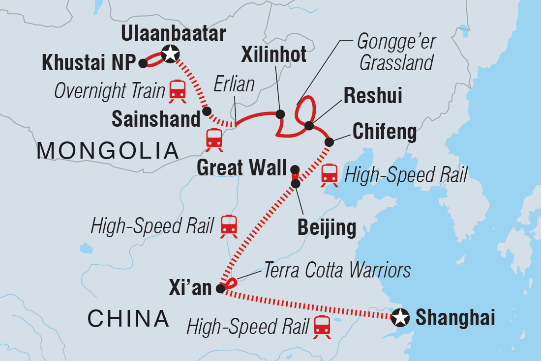 Map of China & Mongolia Railway Adventure including China and Mongolia