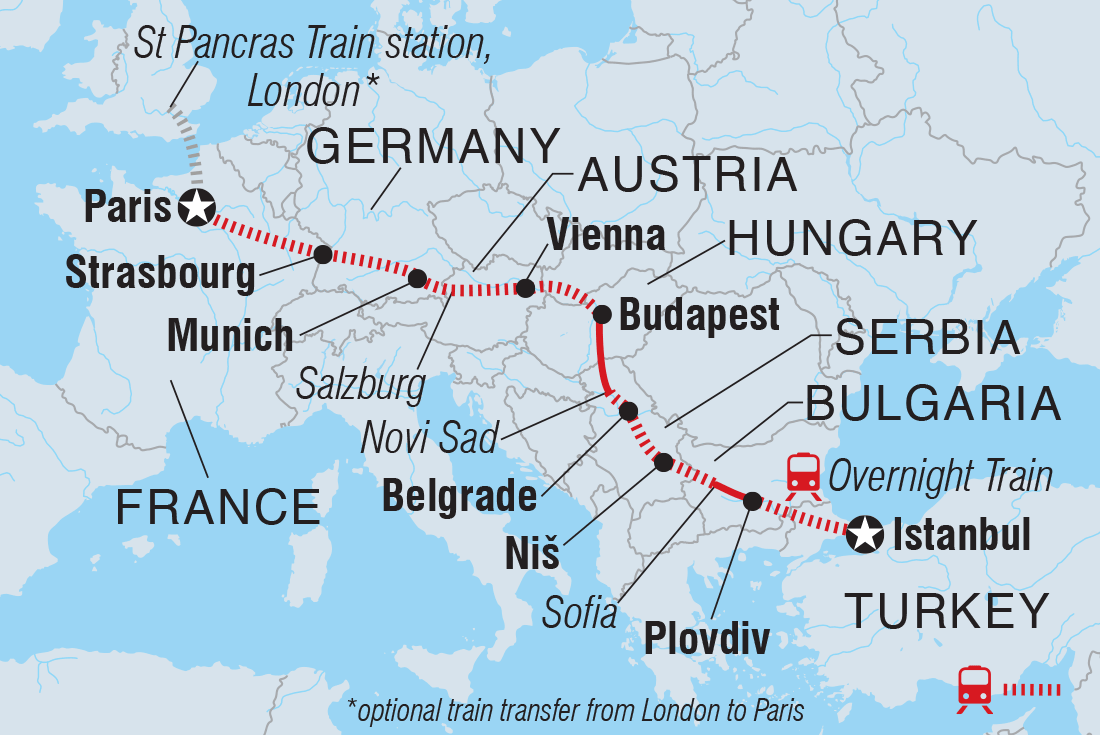 Map of Express To The Orient: Paris To Istanbul including Austria, Bulgaria, France, Germany, Hungary, Serbia and Turkey