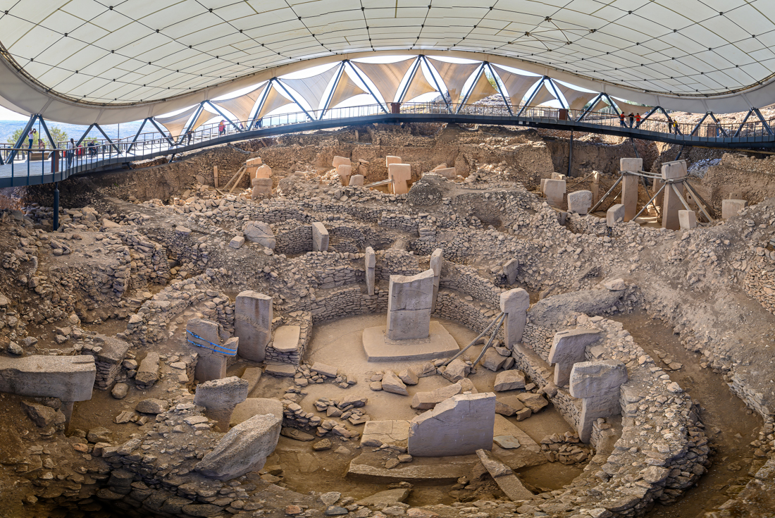 Neolithic settlement ruins site of Gobleki Tepe in eastern Turkey with megaliths protected by arching tent