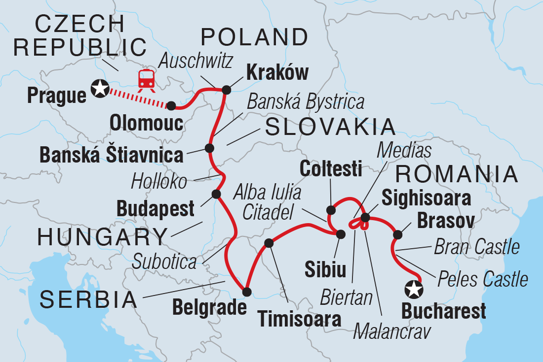 Map of Premium Prague To Bucharest including Czech Republic, Hungary, Poland, Romania, Serbia and Slovakia