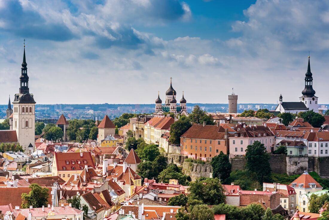 Skyline of Tallinn Old Town's churches and medieval buildings in Estonia