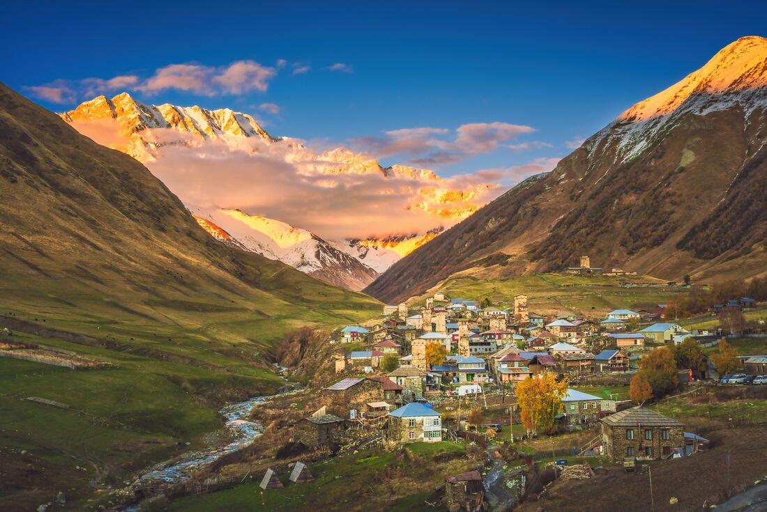 Ushguli village at the head of the Enguri gorge at sunrise in Svaneti, Georgia