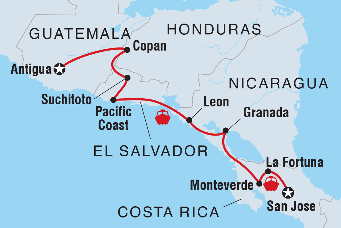 Map of Central American Journey including Costa Rica, El Salvador, Guatemala, Honduras and Nicaragua