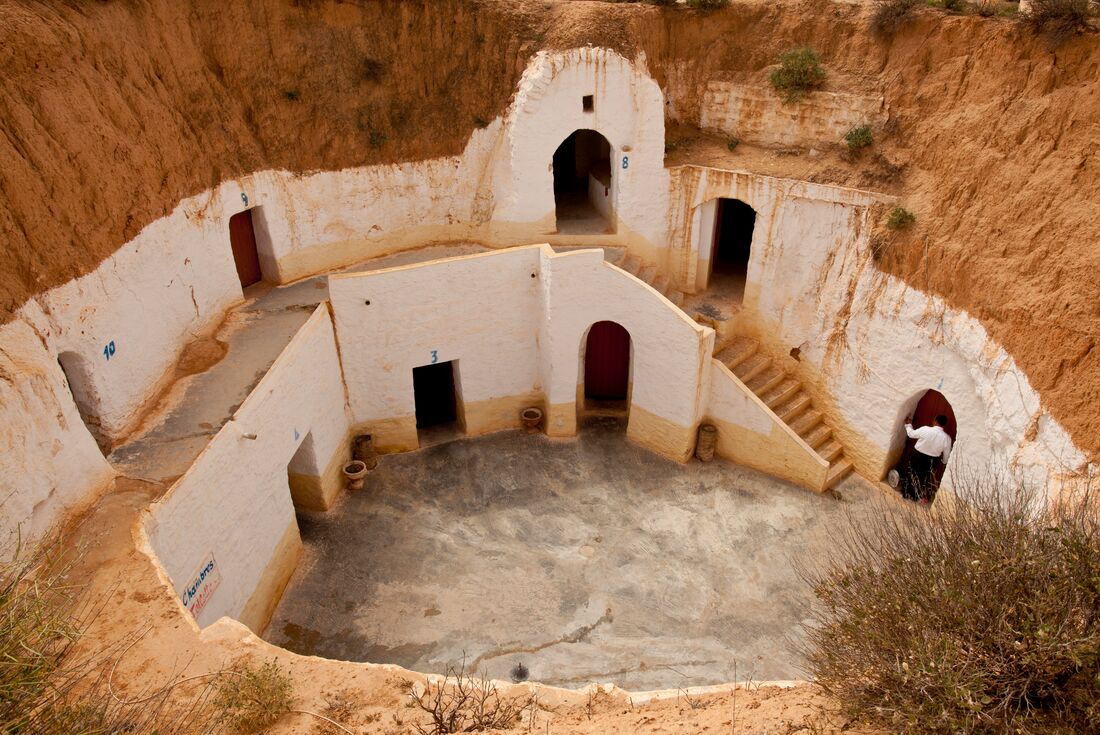 A troglodyte cave home in Matmata, kept cool by its depth below the desert ground level of Tunisia