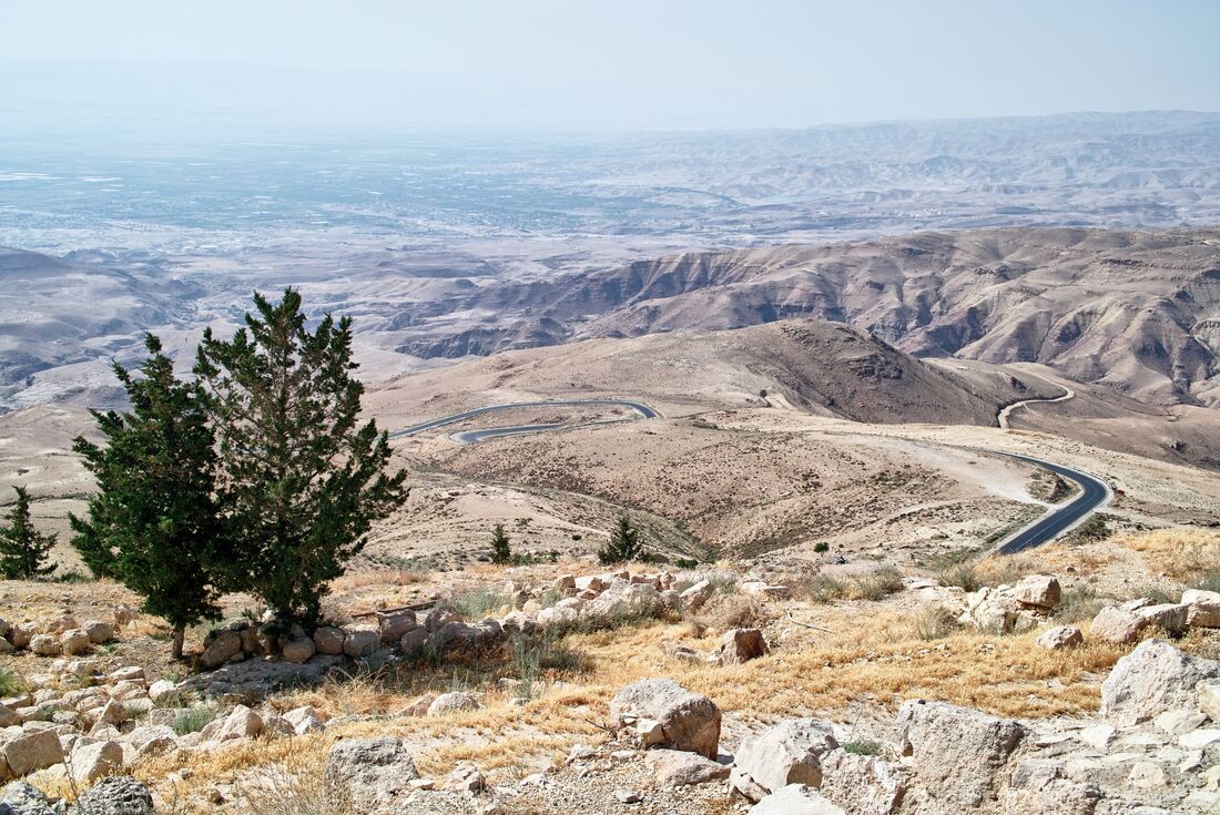 View of mountains landscape from summit of Mt Nebo, Jordan