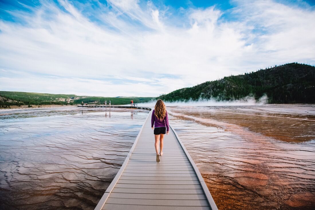 Traveller walking through the Midway Geyser Basin on a wooden walkway with wet mineral layers beneath