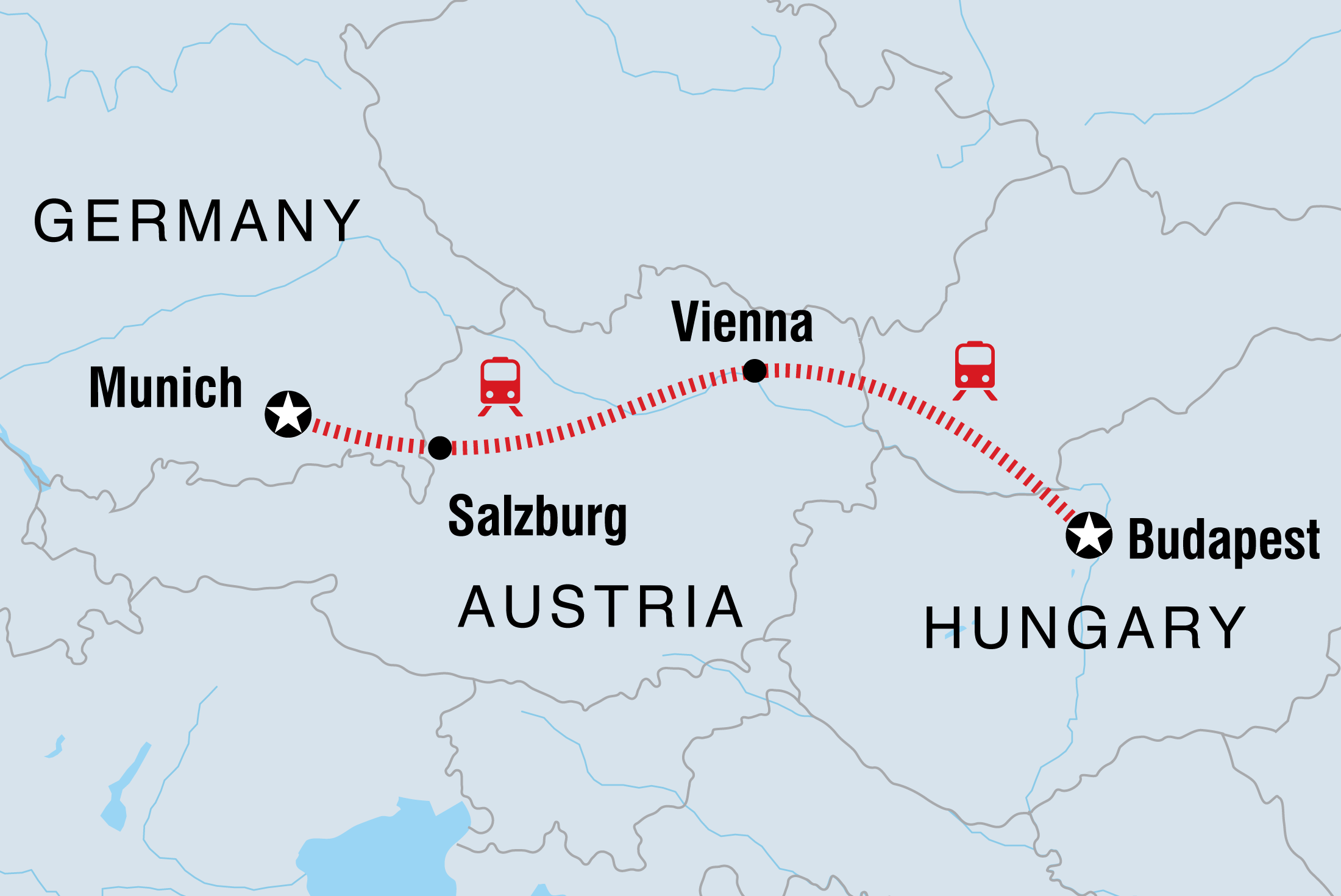 Map of Europe Christmas Markets: Munich To Budapest including Austria, Germany and Hungary
