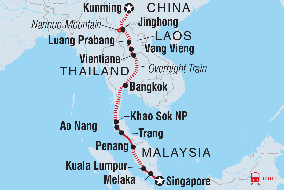 Map of China To Singapore Adventure including China, Lao Pdr, Malaysia, Singapore and Thailand